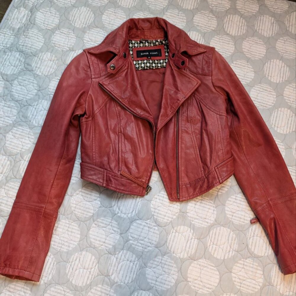 Black Rivet Women`s Red Leather Jacket Size XS